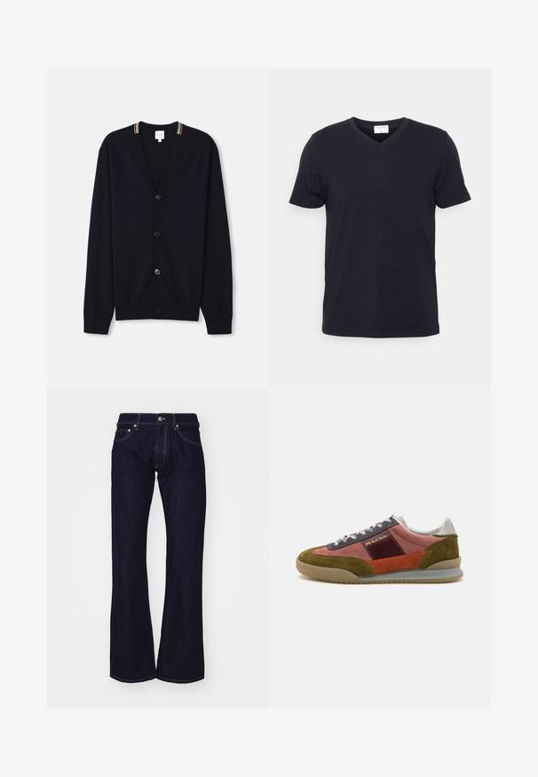 Marineblauer Cardigan mit V-Ausschnitt, fünf Knöpfen, gerippten Bündchen und einem mehrfarbigen gestreiften Rand am Kragen. Weicher Strickstoff.; Schwarzes V-Ausschnitt-T-Shirt aus Baumwolle, mit kurzen Ärmeln und lockerer Passform. Einfaches Design, keine Muster oder zusätzlichen Akzente.; Dunkelblaue Denim-Jeans mit Schlag und hohem Bund, mit kontrastierenden gelben Nähten und Metallbeschlägen an Bund und Taschen.; PS Paul Smith DOVER - Sneaker low - pink