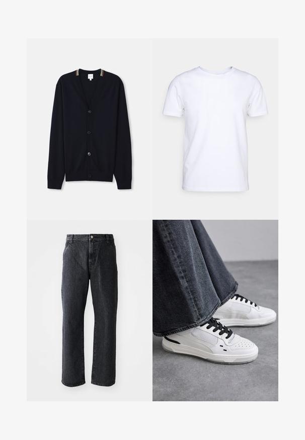 Cárdigan azul marino con escote en V, cierre de cinco botones, puños de punto acanalado y un borde de collar con rayas multicolores. Tejido de punto suave.; Camiseta blanca de manga corta en tejido de algodón con cuello redondo. Diseño simple sin patrones ni acentos. Textura suave.; Jeans de mezclilla negra de corte recto, con cierre de botón, cinco bolsillos y una textura sutil. Diseño clásico sin patrones prominentes.; Zapatillas blancas con cordones negros y detalles de malla. Presenta un upper de cuero liso y una suela de goma texturizada. Combinadas con unos vaqueros de pierna ancha en gris.