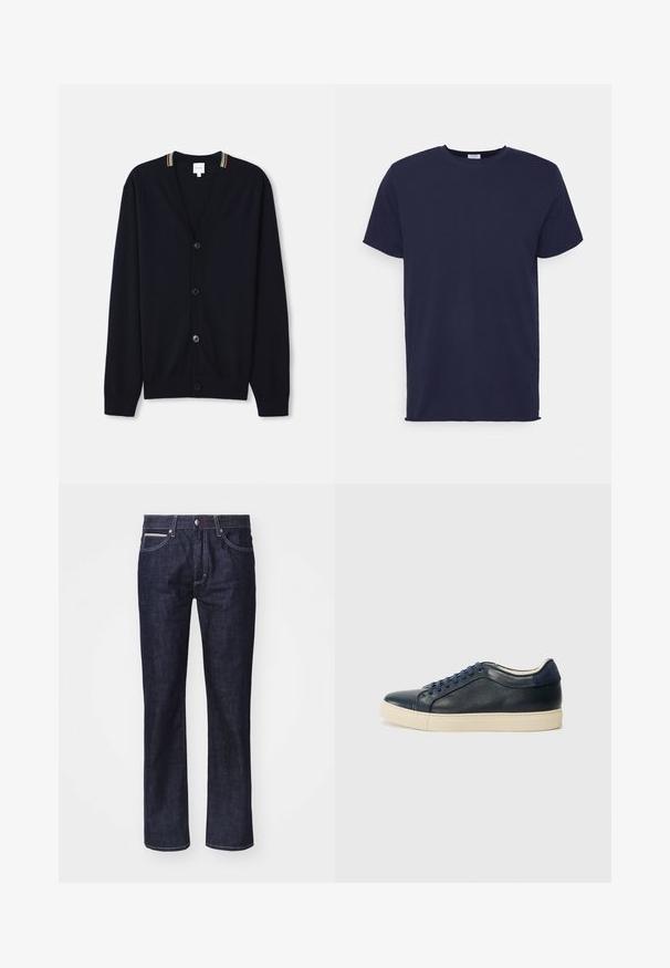 Marineblå cardigan med V-hals, fem knapper, ribbede manchetter og en multicolor stribet kant på kraven. Blødt strikket stof.; Marineblå kortærmet t-shirt lavet af blødt stof. Har rund halsudskæring og en lige pasform uden mønstre eller accenter.; Mørkeblå denim jeans med lige pasform, diskrete kontrastsyninger, fem lommer og knappelukning i taljen.; Mørkeblå lædersneakers med cremegummisål, udstyret med blå snørebånd og en glat tekstur. Rundet tå og minimalistisk design.