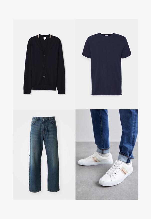Cardigan bleu marine avec un col en V, fermeture à cinq boutons, poignets côtelés et un bord rayé multicolore sur le col. Tissu tricoté doux.; T-shirt bleu marine à manches courtes fabriqué en tissu doux. Présente un col rond et une coupe droite sans motifs ni accents.; NN.07 OTIS - Jean droit - stonewashed; Baskets en cuir blanc avec des rayures multicolores, design à lacets, semelle en caoutchouc et col rembourré, associées à un jean en denim bleu.
