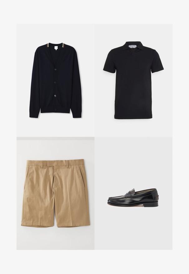 Marineblå cardigan med V-hals, fem knapper, ribbede manchetter og en multicolor stribet kant på kraven. Blødt strikket stof.; Sort kortærmet polo-shirt med klassisk krave, lavet af glat stof. Har et mærke med brandnavnet 'Filippa K' ved halsudskæringen.; Khaki shorts med en glat, vævet tekstur, der har to sidelommer og en lige snit, designet med en flad talje og bæltestropper.; Sorte læderloafers med moccasin-design, der har en dekorativ bånd og syningsdetaljer på overdelen. Lav blokhæl.