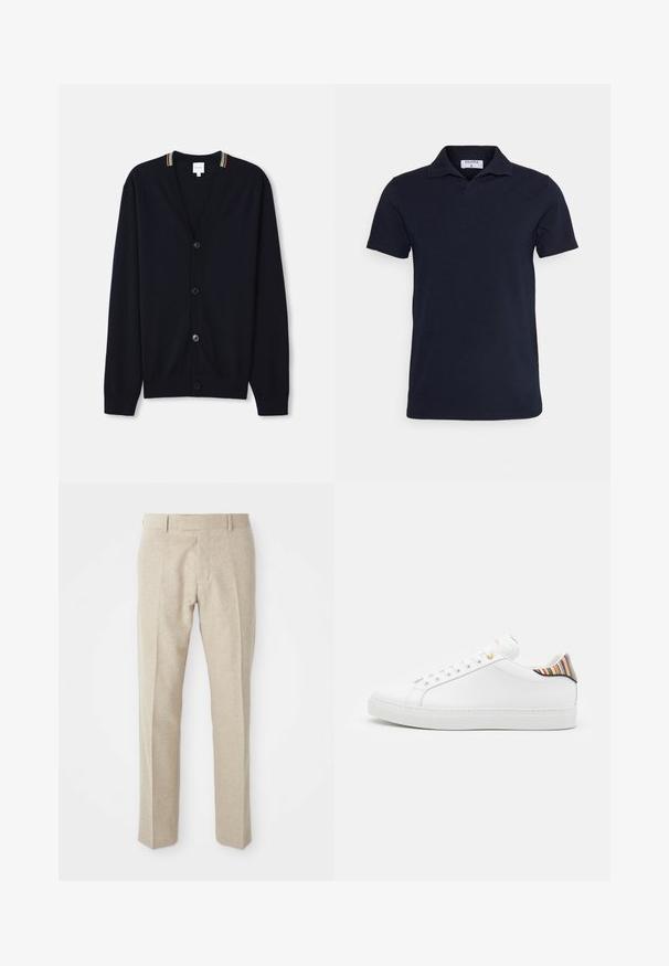Marineblauwe cardigan met een V-hals, sluiting met vijf knopen, geribde manchetten en een meerkleurige gestreepte rand op de kraag. Zachte gebreide stof.; Marineblauwe poloshirt van katoen, met een klassieke kraag en korte mouwen. Eenvoudig ontwerp met een gladde textuur.; Beige op maat gemaakte broeken van gestructureerde stof, met een vlakke voorkant, rechte pijpen en een traditionele tailleband met riemlussen.; Witte leren sneaker met een gladde afwerking, voorzien van een kleurrijke gestreepte accent op de hiel, gouden oogjes en een vlakke witte zool.