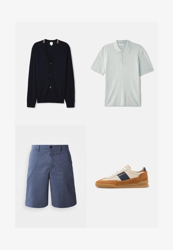 Marineblå cardigan med V-hals, fem knapper, ribbede manchetter og en multicolor stribet kant på kraven. Blødt strikket stof.; Lys blå polo shirt lavet af blødt stof, med klassisk krave, tre-knaps lukning og korte ærmer. Minimalistisk design.; Marineblå bomulds shorts med flad front, enkelt knaplukning, to sidelommer og lige ben. Glat tekstur, ingen synlige mønstre.; PS Paul Smith DOVER - Sneakers - cognac/off-white
