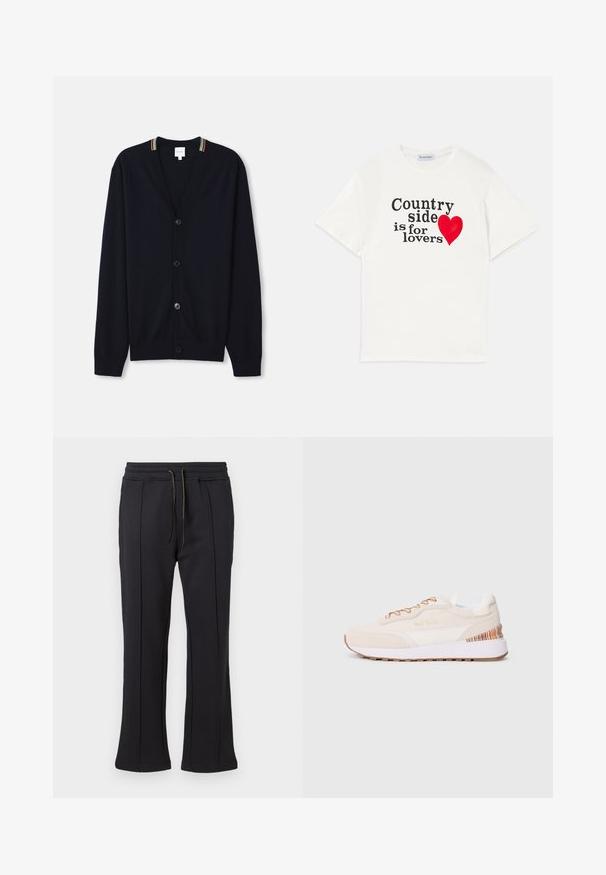 Marineblauwe cardigan met een V-hals, sluiting met vijf knopen, geribde manchetten en een meerkleurige gestreepte rand op de kraag. Zachte gebreide stof.; Witte katoenen t-shirt met korte mouwen. Heeft zwarte tekst met de tekst "Het platteland is voor geliefden" en een rode hartgrafiek. Eenvoudig ontwerp.; Zwarte joggingbroek met een flared ontwerp, voorzien van twee zijzakken met rits en een verstelbare trekkoord in de taille. Soepele textuur en minimale branding.; Sneakers met een beige suède bovenkant, witte accenten, een brown rubberen zool en kleurrijke gestreepte details op de hiel; heeft brown veters.