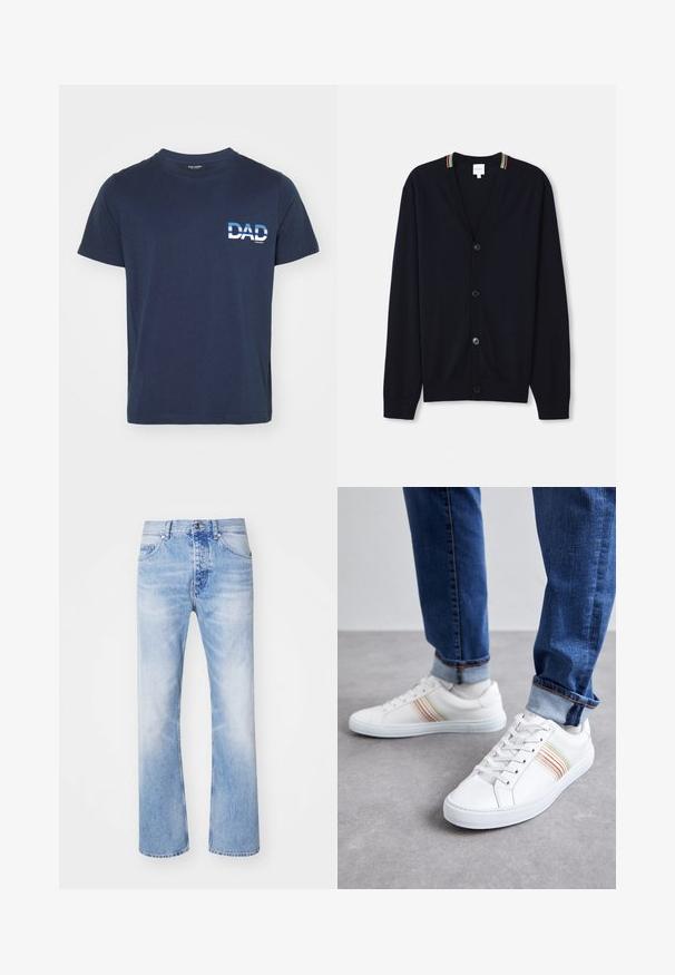 Cardigan bleu marine avec un col en V, fermeture à cinq boutons, poignets côtelés et un bord rayé multicolore sur le col. Tissu tricoté doux.; T-shirt en coton bleu marine à manches courtes. Présente un texte graphique blanc "DAD" sur le côté gauche, dans une police audacieuse. Design simple et décontracté.; Jean en denim bleu clair avec une coupe droite, comportant un style classique à cinq poches et un léger dégradé.; Baskets en cuir blanc avec des rayures multicolores, design à lacets, semelle en caoutchouc et col rembourré, associées à un jean en denim bleu.