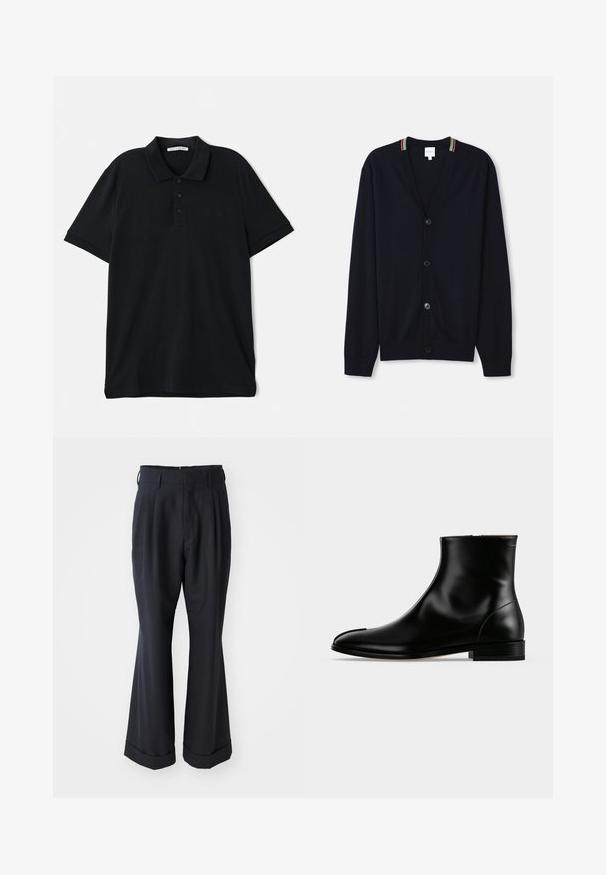 Cardigan bleu marine avec un col en V, fermeture à cinq boutons, poignets côtelés et un bord rayé multicolore sur le col. Tissu tricoté doux.; Polo shirt noir en coton, avec un col classique, une patte de boutonnage à trois boutons, des manches courtes et un discret logo sur le devant.; Pantalons noirs ajustés avec une coupe décontractée, devant plissé et jambes larges. Caractéristiques d'un ourlet à retournement et d'une texture de tissu lisse.; Bottine en cuir noir poli avec un petit talon et une fermeture éclair latérale, design épuré et lisse sur un fond clair uni.