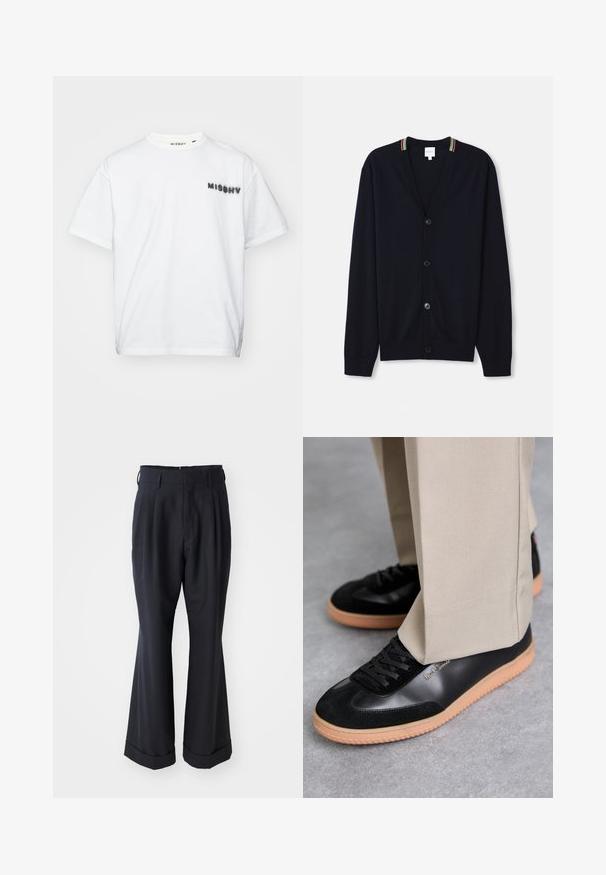 Cardigan bleu marine avec un col en V, fermeture à cinq boutons, poignets côtelés et un bord rayé multicolore sur le col. Tissu tricoté doux.; MISBHV COMMUNITY - T-shirt imprimé - white; Pantalons noirs ajustés avec une coupe décontractée, devant plissé et jambes larges. Caractéristiques d'un ourlet à retournement et d'une texture de tissu lisse.; Paul Smith COMO - Baskets basses - black
