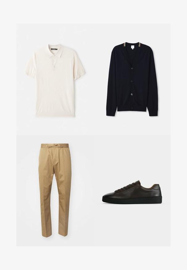 Marineblå cardigan med V-hals, fem knapper, ribbede manchetter og en multicolor stribet kant på kraven. Blødt strikket stof.; Lys beige polo skjorte med klassisk krave, tre-knaps lukning og korte ærmer. Lavet af blødt, glat stof. Enkel design uden mønstre.; Beige bukser med elastisk talje og justerbar snøre. Glat tekstur, lige ben og minimalistisk design.; Lavprofil mørkebrune lædersneaker med sort gummisål, snørelukning foran og glat minimalistisk design på lys baggrund.