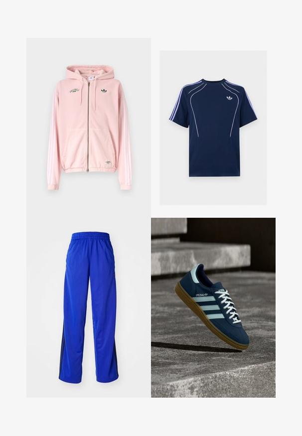Sudadera con capucha y cremallera en rosa claro, con mangas blancas de tres rayas, bolsillos delanteros y logotipos verdes de Adidas Originals en el pecho.; Camiseta de manga corta azul marino con rayas moradas claras en las mangas, ribete blanco curvado en el frente y pequeño logo blanco de Adidas en el pecho izquierdo.; Pantalones deportivos azules con cintura elástica, con rayas laterales en negro, ajuste holgado y textura suave.; Zapatilla azul Adidas Spezial con rayas y cordones blancos, suela de goma, flotando sobre una superficie de hormigón rugosa y escaleras de fondo.