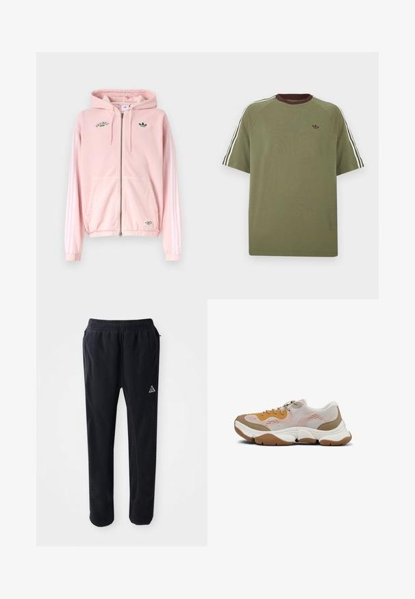 Lyserød hættetrøje med lynlås, hvide 3-stribede ærmer, forlommer og grønne Adidas Originals-logoer på brystet.; Olivengrøn T-shirt med korte ærmer, ribbet burgunderkrave, tre hvide striber langs skuldrene og lille logo på brystet.; Sorte atletiske bukser i et blødt, tekstureret materiale, med en elastisk talje, sidelommer og et trekantet logo-accent på låret.; Lavtsiddende sneaker med beige, hvid og brun mesh og læderoverdel, tyk hvid sål og brun gummiydersål, vist i sideprofil.