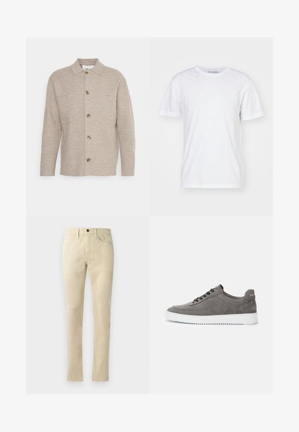 Beige overhemd met knopen, gemaakt van zachte stof, met een kraag, twee zakken en bruine knopen aan de voorkant. Recht gesneden mouwen.; Witte katoenen T-shirt met een ronde hals, korte mouwen en een rechte snit. Geen patronen of versieringen, gladde textuur en eenvoudig ontwerp.; Beige rechte broek van een katoenmengsel. Heeft een vijfzakkenontwerp, riemlussen en een zwarte knoopsluiting op de taille.; Grijze lage suède sneaker met zwarte veters en witte rubberen zool, zijaanzicht, met merknaam op de hieltab.