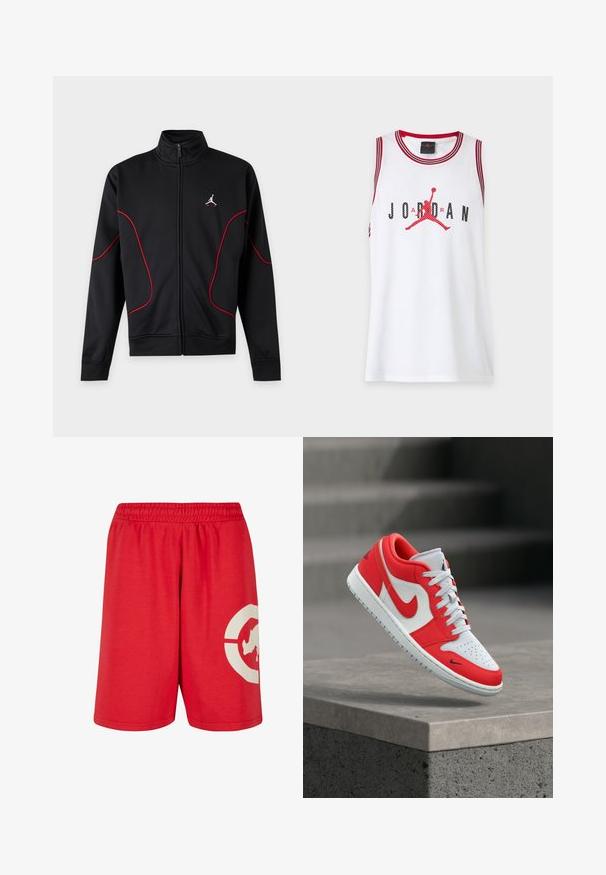 Sort jakke med fuld lynlås og høj krave, rød buet piping på ærmer og foran, samt lille hvidt og rødt Jumpman-logo på venstre bryst.; Hvid ærmeløs basketballtrøje med rød kant, med sort "JORDAN" tekst og rød Jumpman-logo i midten.; Røde bomuldsshorts med elastisk talje, prydet med et stort hvidt grafisk design på venstre ben og en glat overflade.; Low-top sneaker i hvid og rød med rød Nike swoosh, hvide snørebånd og perforeret tå, ophængt over en betonrækværk.