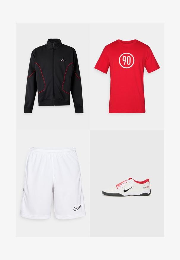 Veste noire zippée intégrale avec col haut, passepoil incurvé rouge sur les manches et à l'avant, et petit logo Jumpman blanc et rouge sur la poitrine gauche.; T-shirt en coton rouge avec un graphique circulaire blanc portant le numéro "90" au centre. Encolure classique et manches courtes.; Shorts de sport blancs en tissu anti-humidité, dotés d'une taille élastique et d'un logo Nike noir sur le côté gauche.; Chaussure de sport blanche avec des accents rouges, logo Swoosh noir et design texturé. Équipée de lacets blancs et d'une semelle noire. Le texte indique "total90".