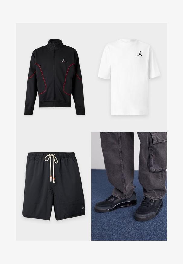 Sort jakke med fuld lynlås og høj krave, rød buet piping på ærmer og foran, samt lille hvidt og rødt Jumpman-logo på venstre bryst.; Hvid bomuld T-shirt med rund hals og korte ærmer. Den har et lille sort Jordan-logo på venstre brystområde.; Sorte badeshorts med elastisk taljebånd og hvid snor med orange og pink perler, Jordan-logo på venstre ben.; Sorte sportsko med en struktureret overflade, glatte detaljer og en kraftig sål, der er parret med mørke, løstsiddende cargo-bukser.