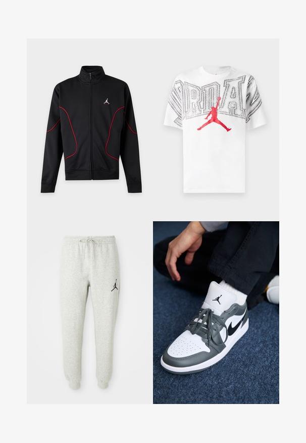 Schwarze Jacke mit durchgehendem Reißverschluss und hohem Kragen, roter geschwungener Paspel an Ärmeln und Vorderseite sowie kleinem weißen und roten Jumpman-Logo auf der linken Brust.; Weißes Baumwoll-T-Shirt mit einem großen, schwarz umrandeten "JORDAN"-Schriftzug und einer roten "Jumpman"-Silhouette-Grafik in der Mitte.; Graue Sweatpants mit elastischem Bund und Kordelzug, ausgestattet mit einem schwarzen Jumpman-Logo am linken Bein, aus weichem, strukturiertem Stoff gefertigt.; Nike Air Jordan 1 Sneakers aus weißem und grauem Leder, mit einem schwarzen Logo, perforierter Zehenpartie und flachen grauen Schnürsenkeln.