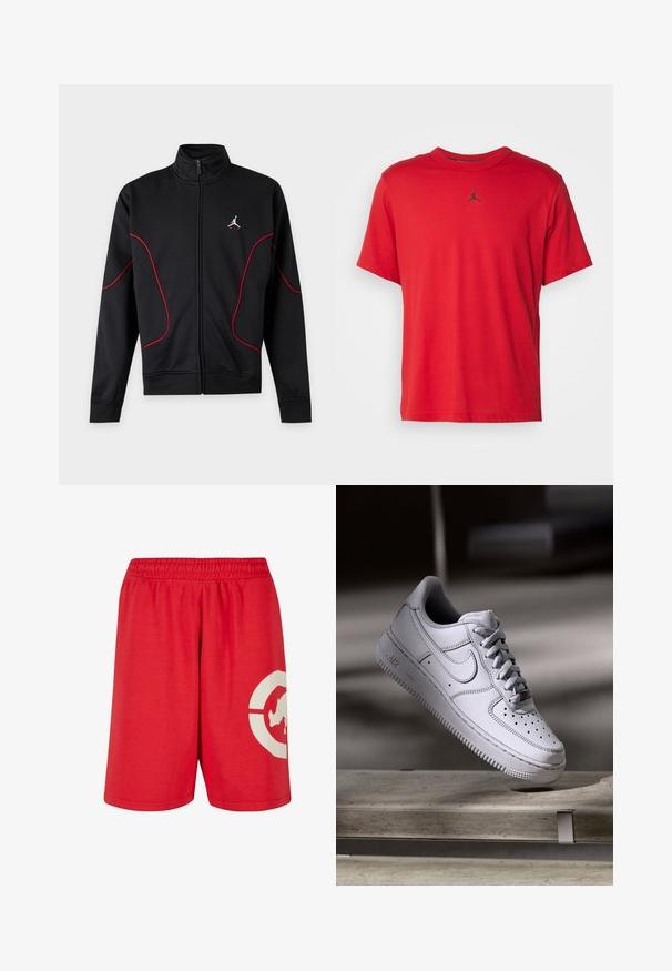Sort jakke med fuld lynlås og høj krave, rød buet piping på ærmer og foran, samt lille hvidt og rødt Jumpman-logo på venstre bryst.; Rød bomulds t-shirt med korte ærmer, rund hals og et lille sort Jordan-logo på brystet, med en lige kant.; Røde bomuldsshorts med elastisk talje, prydet med et stort hvidt grafisk design på venstre ben og en glat overflade.; Hvid læder Nike Air Force 1 sneaker med perforeret tå, flade snørebånd og tekstureret gummisål med "AIR" branding på siden.