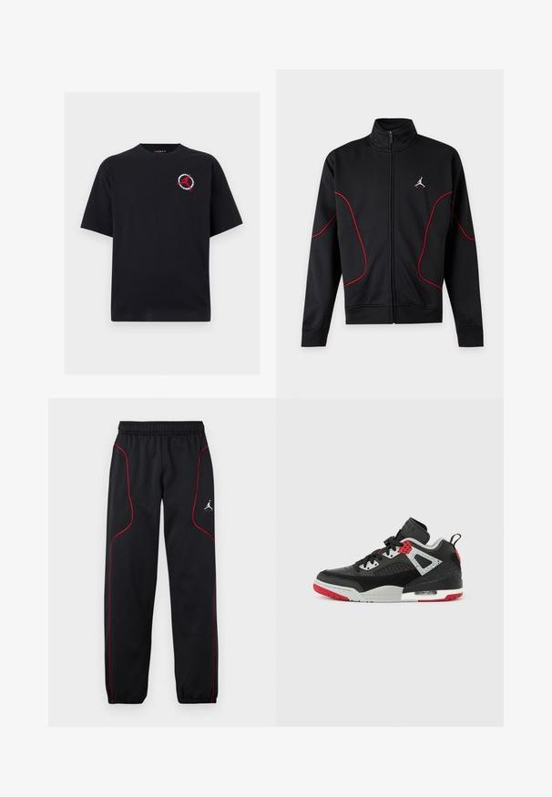 Chaqueta negra con cremallera completa, cuello alto, ribete curvo rojo en las mangas y el frente, y pequeño logo de Jumpman blanco y rojo en el pecho izquierdo.; Camiseta negra de manga corta con un pequeño logotipo rojo de Jumpman y un diseño circular en el pecho izquierdo.; Pantalones deportivos negros con ribetes rojos, cintura y puños elásticos, y un pequeño logo blanco de Jumpman en el muslo derecho.; Zapatilla deportiva de cuero negro y malla con detalles en gris y rojo, y unidad de aire visible. Cuenta con cierre de cordones y paneles laterales texturizados.