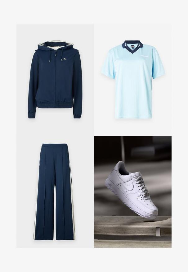 Marineblå hættetrøje med lynlås foran, elastisk talje, sidelister og justerbar snor i hætten. Glat stof, uden mønstre.; Lyseblå kortærmet polo shirt med marineblå krave. Lodrette striber og logoaksecent på fronten. Glat, letvægtsstof.; Bredde ben bukser i mørk marinestof med sidelister i creme. Har en høj talje og plisserede detaljer for ekstra struktur.; Hvid Nike Air Force 1 sneaker svævende over en betonoverflade med skygger i et minimalistisk miljø.