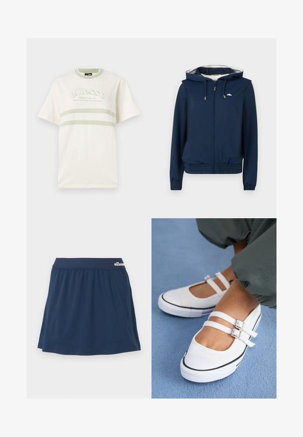 Námornícky modrá mikina s kapucňou na zips vpredu, elastickým pásom, bočnými pruhmi a nastaviteľnou šnúrkou na kapucni. Hladká látka, bez vzorov.; Krémové bavlnené tričko s okrúhlym výstrihom, krátkymi rukávmi a zelenými akcentovými pruhmi. Na prednej strane obsahuje vyšívané logo.; Námornícka modrá, mäkká látková sukňa-šortky s elastickým pásom. Má skladaný dizajn a malé logo na páse.; Biele plátené topánky s dvoma nastaviteľnými popruhmi, čiernym špičkovým vrchom a textúrovanou gumovou podrážkou. Nosené so voľnými zelenými nohavicami na modrom povrchu.