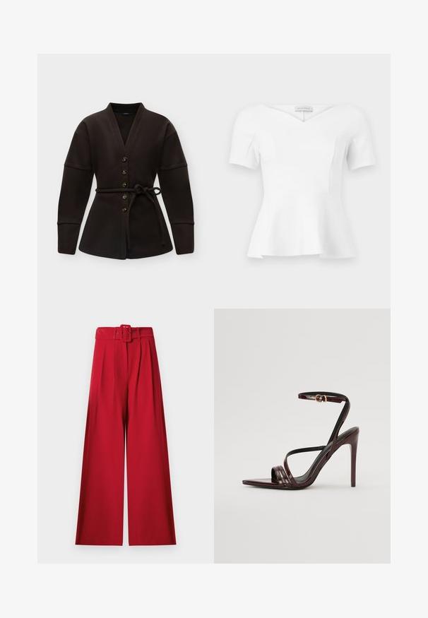 Cardigan marron foncé à manches longues avec cinq boutons sur le devant et une ceinture nouée à la taille, présenté sur un fond uni.; Haut blanc à manches courtes avec basque, encolure en cœur et taille cintrée, étiquette "Anna Field" visible à l'intérieur du col.; Pantalon rouge taille haute à jambes larges, avec plis à l'avant et ceinture assortie en tissu dotée d'une boucle rectangulaire.; Sandale à talons hauts en cuir verni bourgogne avec une bride de cheville, bout pointu et trois bandes horizontales sur le pied. Détail de boucle dorée.