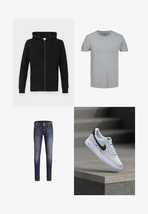 Zwarte zip-up hoodie gemaakt van zachte stof, voorzien van een capuchon, lange mouwen, zakken aan de voorkant en geribbelde manchetten en zoom. Minimalistisch ontwerp.; Grijze T-shirt met korte mouwen, gemaakt van zachte katoen. Kenmerkt zich door een klassieke ronde halslijn en een reguliere pasvorm. Eenvoudig ontwerp zonder patronen of accenten.; Donkerblauwe slim-fit jeans met lichte vervaging op dijen en knieën, met voorzakken, riemlussen en een knoopsluiting.; Witte Nike Air Force 1 sneaker met zwart swoosh-logo, zwevend boven een betonnen richel met vervaagde trappen op de achtergrond.