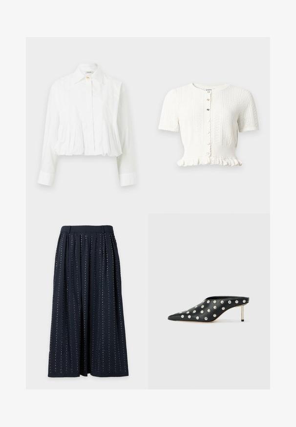 Cardigan blanc en maille à manches courtes, boutonné sur le devant, bords festonnés, ourlet à volants et motifs verticaux texturés.; Blouse blanche à manches longues avec taille plissée, col classique, fermeture par un seul bouton supérieur et boutons avant dissimulés.; Jupe plissée bleu marine avec des rangées verticales de petits sequins argentés uniformément espacés sur le tissu.; STAND STUDIO KELSEY - Mules à talons - black