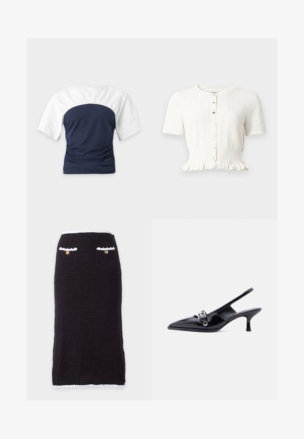 Cardigan blanc en maille à manches courtes, boutonné sur le devant, bords festonnés, ourlet à volants et motifs verticaux texturés.; Chemise à manches courtes avec manches blanches et corsage bleu marine ajusté, vue de dos sur un fond clair uni.; Jupe crayon en maille noire avec bordure blanche à la taille et à l'ourlet, comportant deux poches avant, chacune avec un bouton doré.; Chaussure à talon bas en cuir verni noir avec bride arrière, bout pointu et détail boucle argentée sur fond blanc uni.