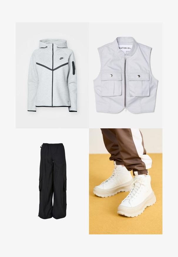 Sivá mikina na zips s kapucňou a čiernymi akcentmi, s diagonálnym dizajnom na prednej strane, logom Nike a zipsovým vreckom na rukáve.; Svetlošedý bezrukávový sveter vyrobený z hladkej tkaniny, s predným zipsom, dvoma veľkými prednými vreckami a stojatým golierom.; Čierne široké cargo nohavice s elastickým pásom, bočnými klopovými vreckami a nastaviteľnými sťahovacími šnúrkami v páse a na leme.; Biele vysoké tenisky s hrubou štruktúrovanou podrážkou, majúce hladký zvršok, okrúlu špičku a zladené šnúrky, na žltom pozadí.