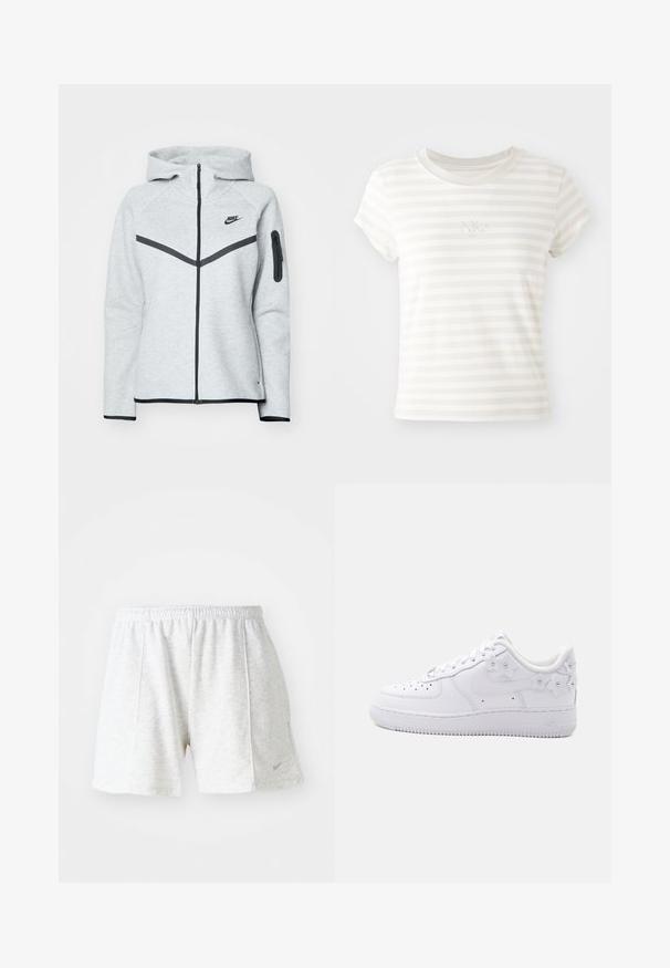 Harmaa vetoketjulla suljettava huppari, jossa on huppu ja mustat yksityiskohdat. Edessä on vinosti leikattu suunnittelu, Nike-logo ja vetoketjullinen tasku hihassa.; Valkoisiruudullinen lyhythihainen t-paita, joka on valmistettu pehmeästä puuvillasta. Siinä on pyöreä kaula-aukko ja pieni brodeerattu Nike-logo rinnassa.; Harmaat urheilushortsit, jotka on valmistettu kevyestä kankaasta. Niissä on joustava vyötärö, ommeltuja yksityiskohtia ja pieni Logo vasemmalla alareunassa.; Valkoinen matalan mallinen tennari, jossa on rei'itetty kärki, Nike-logo ja koristeelliset valkoiset kukkakuviot kannassa ja sivulla.