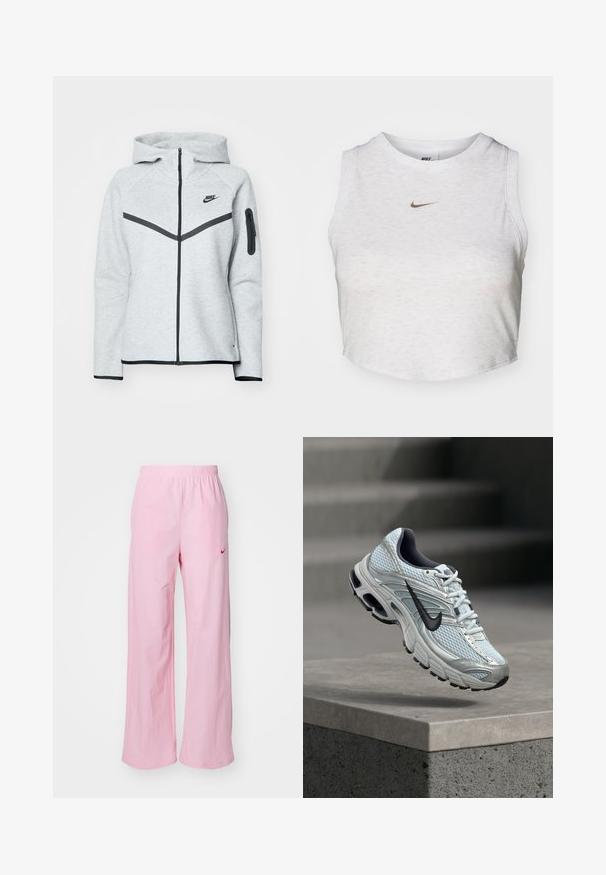 Grauer Reißverschluss-Hoodie mit Kapuze und schwarzen Akzenten, ausgestattet mit einem diagonalen Design auf der Vorderseite, dem Nike-Logo und einer Reißverschlusstasche am Ärmel.; Weißes Crop-Top aus weichem, strukturiertem Stoff. Verfügt über einen runden Ausschnitt und einen ärmellosen Schnitt mit einem kleinen goldenen Nike-Logo auf der Vorderseite.; Rosa Hosen mit elastischem Bund und lässiger Passform. Sie verfügen über ein rotes Logo auf der linken Seite und eine glatte, leichte Textur.; Weißer und grauer Nike-Laufschuh mit schwarzem Logo, der über einem Betonsims vor verschwommenem grauem Hintergrund schwebt.