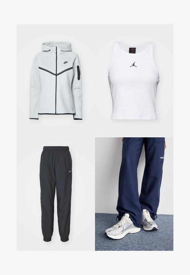 Sudadera gris con cremallera y capucha, con detalles en negro, que presenta un diseño diagonal en la parte delantera, el logo de Nike y un bolsillo con cremallera en la manga.; Top corto blanco de algodón con textura acanalada. Cuenta con un logo negro de Jordan en el centro y un clásico escote redondo.; Pantalones de chándal negros de Nike hechos de un tejido ligero, con una cinturilla y puños elásticos, y un pequeño logo blanco en la pierna izquierda.; Zapatillas deportivas Nike con parte superior de malla plateada, acentos blancos y suelas texturizadas, combinadas con pantalones azul marino de corte holgado.