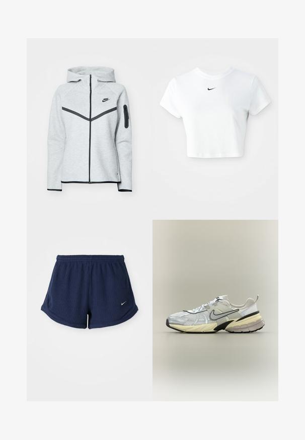 Grå lynlås-hoodie med hætte og sorte accenter, der har et diagonalt design på forsiden, Nike-logo og en lynlåslomme på ærmet.; Hvid kortærmet t-shirt lavet af bomuld, med korte ærmer og rund halsudskæring, og med et sort Nike-logo på brystet.; Marineblå, ribbede træningsshorts med elastisk talje, der har et lille hvidt Nike-logo på den nederste side. Blødt stof.; Hvid og grå Nike-sneaker med mesh-overdel, sort swoosh, beige mellemsål og sort ydersål på en lys baggrund.