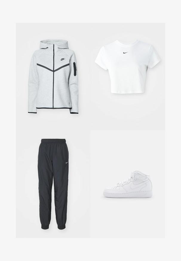 Grauer Reißverschluss-Hoodie mit Kapuze und schwarzen Akzenten, ausgestattet mit einem diagonalen Design auf der Vorderseite, dem Nike-Logo und einer Reißverschlusstasche am Ärmel.; Weißes, kurz geschnittenes T-Shirt aus Baumwolle mit kurzen Ärmeln und rundem Ausschnitt, versehen mit einem schwarzen Nike-Logo auf der Brust.; Schwarze Nike Jogginghosen aus leichtem Material, mit elastischem Bund und Bündchen, versehen mit einem kleinen weißen Logo am linken Bein.; Weiße High-Top-Sneaker aus Leder mit gepolstertem Schaft, perforierter Zehenkappe, Schnürung und verstellbarem Knöchelriemen; Logo an der Seite.