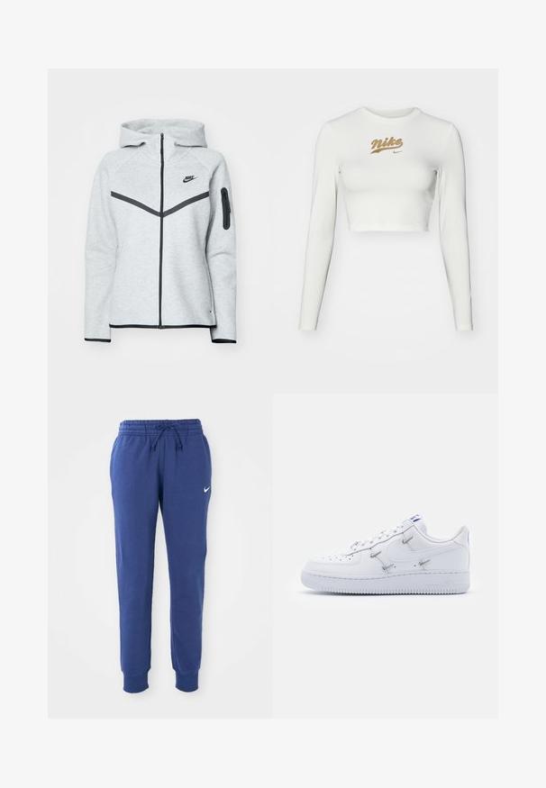 Grå lynlås-hoodie med hætte og sorte accenter, der har et diagonalt design på forsiden, Nike-logo og en lynlåslomme på ærmet.; Hvid langærmet crop top lavet af glat stof, med et guld Nike-logo tryk på brystet og en klassisk rund halsudskæring.; Blå Nike sweatpants med elastisk talje, snøre, afsluttende ankler og hvid Nike swoosh-logo på venstre lår.; Nike Sportswear AIR FORCE 1 - Sneakers - white/hyper royal/black