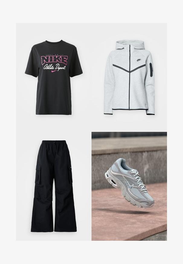 Sivá mikina na zips s kapucňou a čiernymi akcentmi, s diagonálnym dizajnom na prednej strane, logom Nike a zipsovým vreckom na rukáve.; Čierne bavlnené tričko s grafickým potlačou v ružovej a bielej farbe s textom "JUST DO IT", "NIKE" a "Athletic Depart". Štandardný strih.; Čierne cargo nohavice so širokými nohavicami, elastickým pásom, nastaviteľnou šnúrkou a dvoma bočnými vreckami. Vyrobené z hladkej, ľahkej tkaniny.; Svetlosivá a biela bežecká obuv Nike s sieťovinou a odpruženou podrážkou, zobrazená vo vzduchu na pozadí betónových schodov.