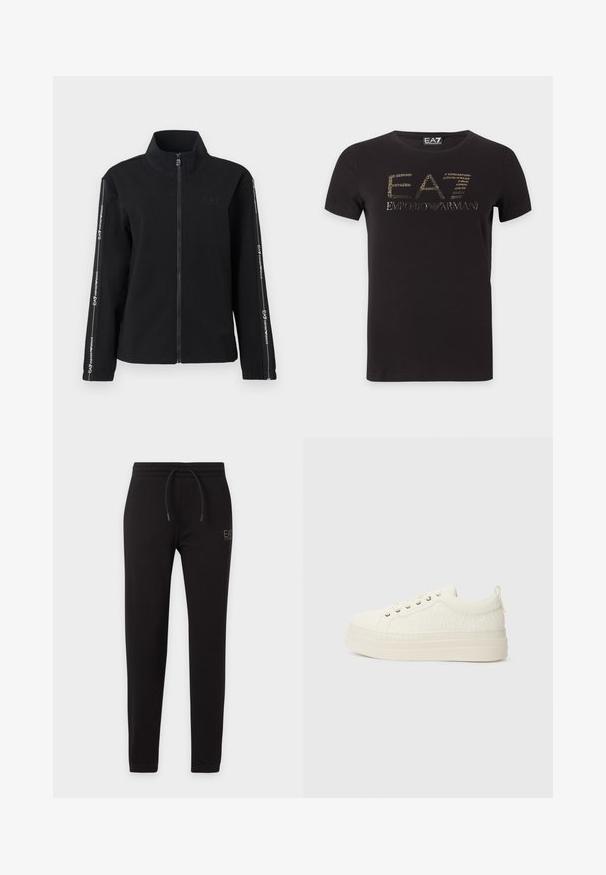 Sort lynlåstrøje lavet af blødt stof med høj krave, logo på brystet og kontrasterende striber med tekst langs ærmerne.; Sort T-shirt med korte ærmer med guldt EA7 Emporio Armani logo centreret på brystet mod en hvid baggrund.; Sorte slim-fit sweatpants med elastisk talje og snøre, med lille "EA7 Emporio Armani" logo på venstre lår.; Hvide sneakers med en tekstureret overdel, flad sål, afrundet tå og en lille løkke ved hælen. Har metaløjer til snører.