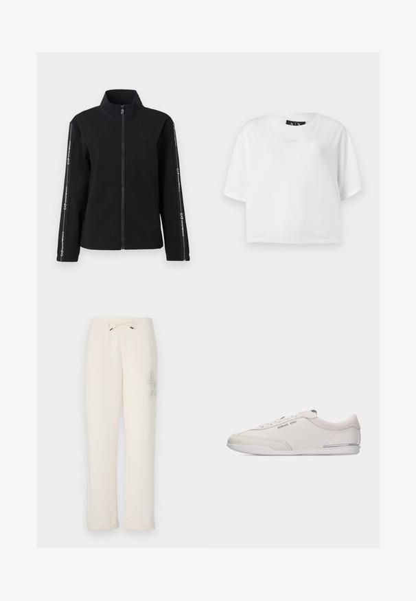 Veste zippée noire en tissu doux, dotée d'un col montant, d'un logo sur la poitrine et de rayures contrastantes avec du texte le long des manches.; T-shirt blanc court en coton, avec un col rond et des manches courtes. Logo subtilement en relief sur le devant. Texture lisse.; Pantalons de sport couleur crème en matériau doux. Dotés d'une taille élastique avec un cordon de serrage et d'un logo décoratif sur le côté.; Baskets basses blanc cassé et beige à lacets, avec des détails en cuir lisse et en daim, arborant un petit logo Michael Kors sur le côté.