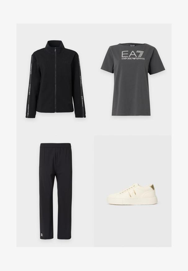 Veste zippée noire en tissu doux, dotée d'un col montant, d'un logo sur la poitrine et de rayures contrastantes avec du texte le long des manches.; T-shirt gris à manches courtes en coton. Il présente un logo blanc avec "EA7" et "EMPORIO ARMANI" dans un design graphique élégant.; Pantalon de sport noir avec une ceinture élastique, une coupe droite, une texture lisse et un petit logo en bas à gauche de l'ourlet.; Baskets basses de couleur crème avec des accents dorés, des lacets et un marquage « Armani Exchange » en relief sur la semelle et le patch latéral.