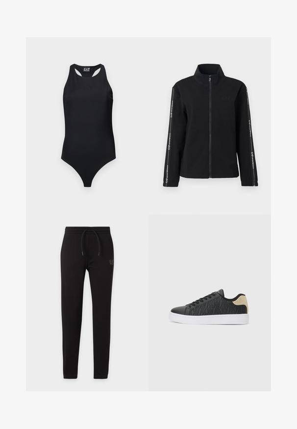 Veste zippée noire en tissu doux, dotée d'un col montant, d'un logo sur la poitrine et de rayures contrastantes avec du texte le long des manches.; Body noir une pièce sans manches avec dos nageur et logo EA7 Emporio Armani subtilement embossé sur la poitrine.; Pantalon de survêtement noir slim avec taille élastique et cordon, avec petit logo "EA7 Emporio Armani" sur la cuisse gauche.; Baskets noires avec une tige texturée présentant des motifs géométriques, semelle intermédiaire blanche et accent doré à l'arrière. Design lacé. Semelle plate.