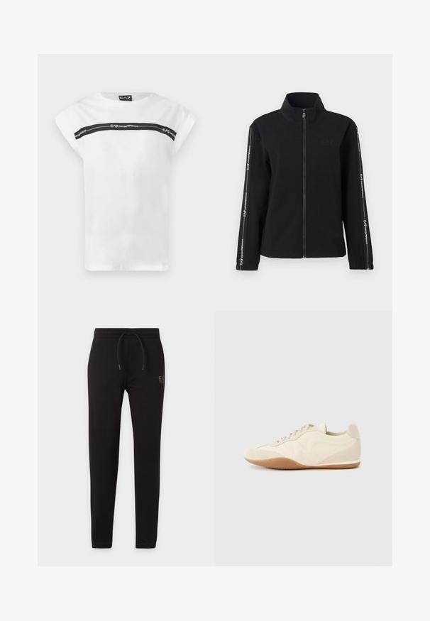 Veste zippée noire en tissu doux, dotée d'un col montant, d'un logo sur la poitrine et de rayures contrastantes avec du texte le long des manches.; T-shirt blanc à manches courtes avec une bande horizontale noire sur la poitrine avec la marque "EA7 Emporio Armani".; Pantalon de survêtement noir slim avec taille élastique et cordon, avec petit logo "EA7 Emporio Armani" sur la cuisse gauche.; Baskets beige clair avec une tige en cuir texturé, des panneaux latéraux texturés et une semelle en caoutchouc. Dotées d'un design fin et épuré ainsi que de lacets plats.