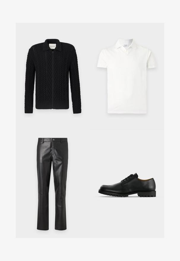 Cardigan noir en maille tricotée avec une fermeture éclair, présentant un motif en torsades texturé, des poignets côtelés et un col.; Polo blanc à manches courtes avec col et une petite étiquette à l'intérieur du col indiquant « FILIPPA K », présenté sur un fond clair uni.; Pantalon en cuir noir avec une texture lisse, design à jambes droites et couture subtile le long des coutures. Présente une fermeture à bouton à la taille.; Chaussure de ville noire en cuir à lacets avec une semelle épaisse et rainurée et un petit talon, présentée sur fond blanc.
