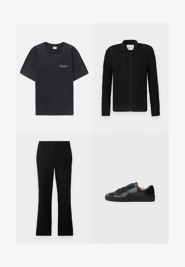Chaqueta de punto negra con cierre de cremallera, que presenta un patrón de punto trenzado texturizado, puños acanalados y un cuello.; Camisa de tirantes negra con cuello redondo y logo pequeño en blanco de "Filling Pieces" en el lado izquierdo del pecho.; Pantalones de campana negros hechos de una mezcla de algodón, con cierre de botón, trabillas para el cinturón y una textura suave sin patrones visibles.; Zapatilla negra de cuero con una textura suave, puntera redonda y cierre de cordones. Presenta una suela de goma gruesa y un detalle de marca mínimo.