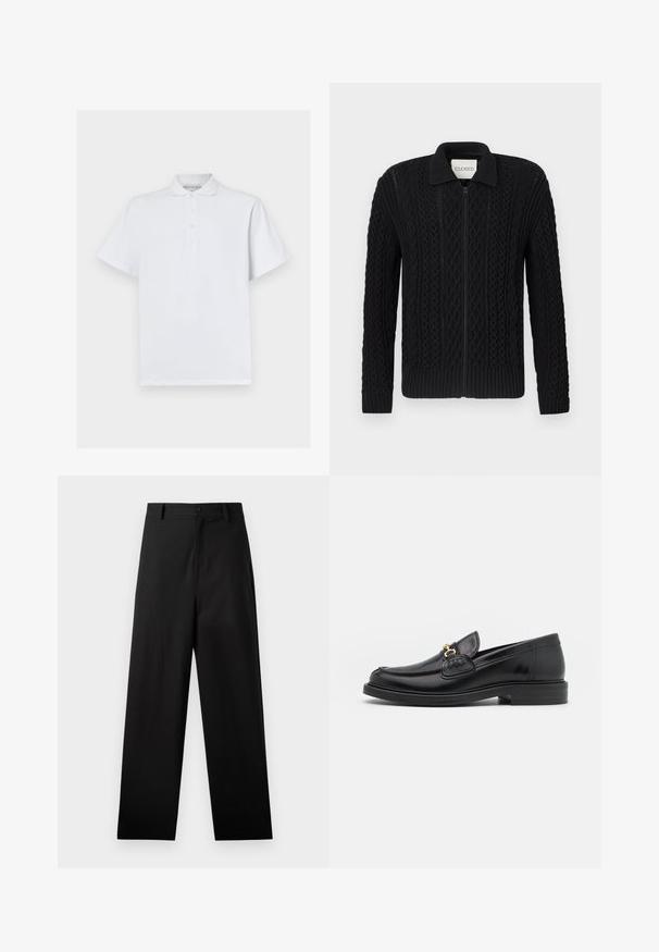 Cardigan noir en maille tricotée avec une fermeture éclair, présentant un motif en torsades texturé, des poignets côtelés et un col.; Polo shirt blanc en coton, avec un col classique, des manches courtes et une patte de boutonnage à trois boutons. Texture lisse, sans motifs.; Pantalons noirs en coton avec une coupe droite, dotés d'une fermeture à bouton à l'avant et de poches latérales. Texture lisse, sans motifs.; Mocassins en cuir noir avec un embout rond, présentant des accents en métal doré et des détails de couture, montés sur une semelle en caoutchouc texturé et basse.