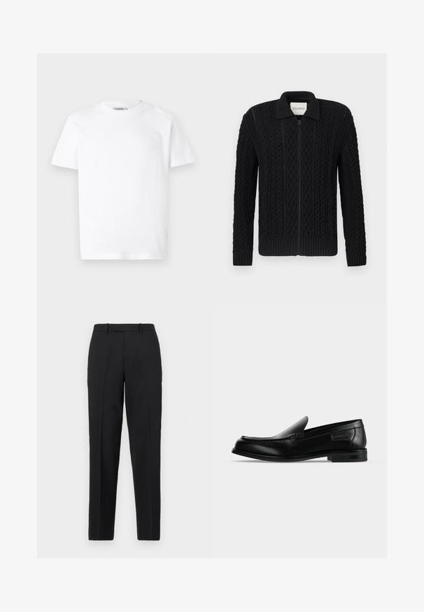 Cardigan noir en maille tricotée avec une fermeture éclair, présentant un motif en torsades texturé, des poignets côtelés et un col.; T-shirt en coton blanc avec un col rond et des manches courtes. Présente un petit logo en relief sur la poitrine gauche. Texture lisse.; Theory STRAIGHT - Pantalon classique - deep black; Mocassin noir en cuir à enfiler avec un petit talon, un bout arrondi et des surpiqûres décoratives le long du bord supérieur.
