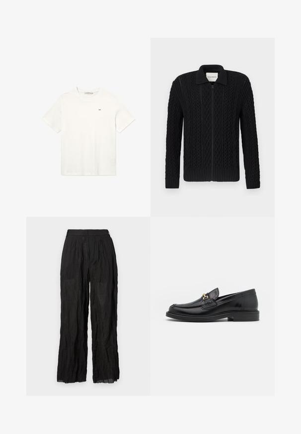 Sort strikket cardigan med lynlåslukning, der har et struktureret kabelstrikket mønster, ribstrikkede ærmegab og en krave.; Hvid bomulds T-shirt med korte ærmer, rund halsudskæring og et lille sort logo på brystet. Simpelt, uudsmykket design.; Sorte linned brede bukser med en struktureret overflade. Har en elastisk talje og diskrete folder.; Sorte læder loafers med en rund tå, der har guld hardware accent og syningsdetaljer, placeret på en lav, tekstureret gummisål.