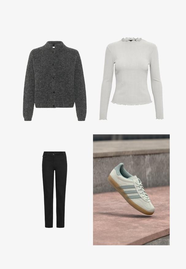 Grå, fuzzy cardigan med høj krave, der har knaplukning foran og lange ærmer. Lavet af blødt materiale med en tekstureret overflade.; Langærmet top i lysegrå ribbet stof med en bølget halsudskæring og kant, samt en tætsiddende silhuet.; Sorte lige bukser med knaplukning, bæltestropper og en lille klaplomme på højre side tæt på taljen.; Lysebeige ruskindssneaker med blå accenter, med tre sidestreger, en tekstureret gummisål og flade snørebånd. Modelnavnet "Gazelle" er synligt.