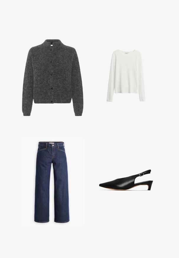 Grå, fuzzy cardigan med høj krave, der har knaplukning foran og lange ærmer. Lavet af blødt materiale med en tekstureret overflade.; Langærmet hvid T-shirt lavet af blødt stof med en enkel rund halsudskæring og en afslappet pasform. Ingen mønstre eller detaljer.; Mørkeblå denim jeans med høj talje, bred benklipp og diskret orange syninger. Har knap- og lynlåslukning foran.; Sort læderslængesko med spids tå, lav hæl og en sideudskæring. Har en cirkulær spænde på den justerbare ankelrem.