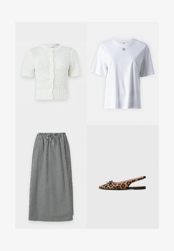 Cárdigan blanco de punto con mangas cortas, cuello redondo y cierre frontal con botones, con un patrón de tejido grueso y texturizado.; Camiseta de algodón blanca con mangas cortas y cuello redondo. Presenta un pequeño logo negro centrado en el pecho. Textura suave, diseño casual.; Falda midi de cuadros vichy blanco y negro con cinturilla elástica y cordón ajustable.; Pretty Ballerinas MURABI - Bailarinas con tira trasera - brown