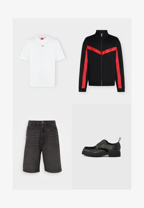 Sort jakke med fuld lynlås og høj krave, med røde diagonale og ærmestriber samt lille "HUGO"-logo på brystet.; Hvid T-shirt med korte ærmer med lille sort "HUGO" logo centreret på brystet og et rødt mærke inde i kraven.; Sorte denim shorts med afslappet pasform, der har frontlommer, en slidt tekstur og et klassisk taljebånd med en enkelt knaplukning.; Sort læder snøresko med tyk slidbanesål og rød hælestropp, vist i sideprofil på en lysegrå baggrund.