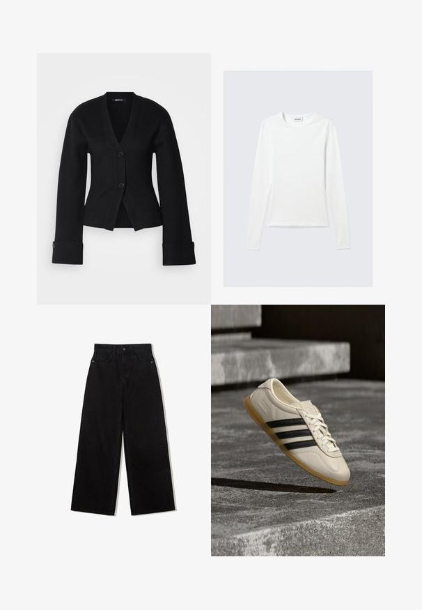 Cardigan noir avec un décolleté en V profond, deux boutons et des manches larges. Le tissu semble lisse, avec une coupe ajustée et des poignets cintrés.; T-shirt blanc uni à manches longues avec col rond et coupe slim, présenté sur un fond gris clair.; Jeans noirs à jambes larges en denim avec une taille haute, présentant un design à cinq poches et une fermeture à un bouton à l'avant.; Baskets blanches avec des bandes noires et une semelle en gomme flottant au-dessus d’escaliers en béton dans une lumière douce du jour.